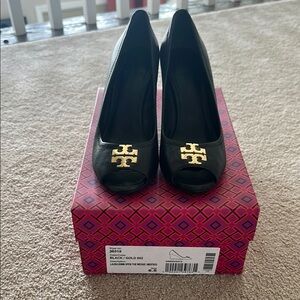 Tory Burch Black and Gold Heels with Signature Logo